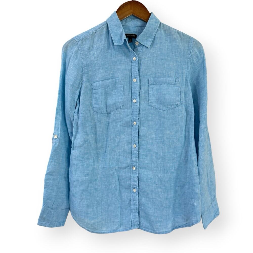 Talbots 100% Linen Button Front Shirt Small Turquoise Blue Long Roll Tab Sleeve